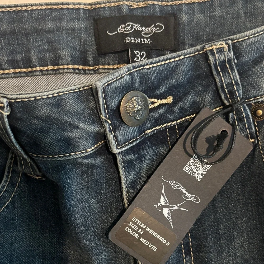 Ed Hardy Slim Flare Women's Multi Color Embroidery Blue Jeans Size 32 - Picture 6 of 6